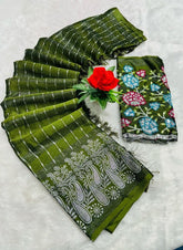 { "alt_text": "Olive green georgette striped saree with unstitched blouse, 5.5 meter ethnic wear, Indian fashion" }