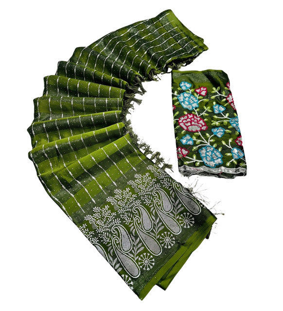 { "alt_text": "Olive green georgette striped saree with unstitched blouse, 5.5 meter ethnic wear, Indian fashion" }