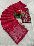 { "alt_text": "Red georgette striped saree with unstitched blouse, 5.5m georgette ethnic wear for women" }