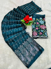{ "alt_text": "Teal georgette saree with unstitched blouse, striped ethnic wear, 5.5 meter georgette fabric" }