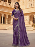 { "alt_text": "Purple georgette embroidered saree with unstitched blouse, 5.5m, ethnic wear fashion" }