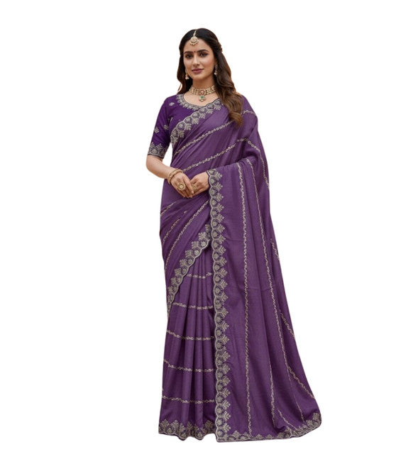 { "alt_text": "Purple georgette embroidered saree with unstitched blouse, 5.5m, ethnic wear fashion" }