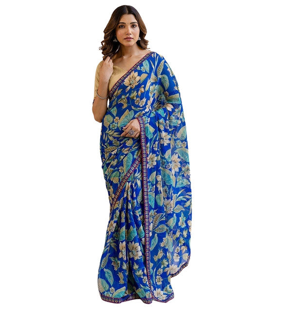{ "alt_text": "Blue georgette saree floral printed women's ethnic wear, 5.5mtr georgette saree with unstitched blouse" }