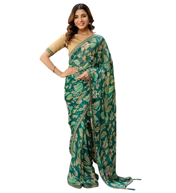 { "alt_text": "Green georgette saree floral printed women's ethnic wear, 5.5m georgette saree with unstitched blouse" }