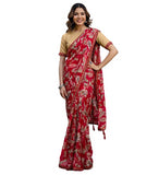 { "alt_text": "Red georgette saree with floral print, 5.5Mtr women's ethnic wear, unstitched blouse for festive occasion" }