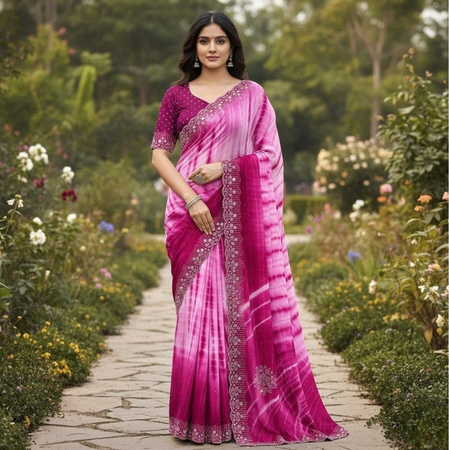 { "alt_text": "Pink georgette striped saree with unstitched blouse, 5.5m georgette ethnic wear for women" }
