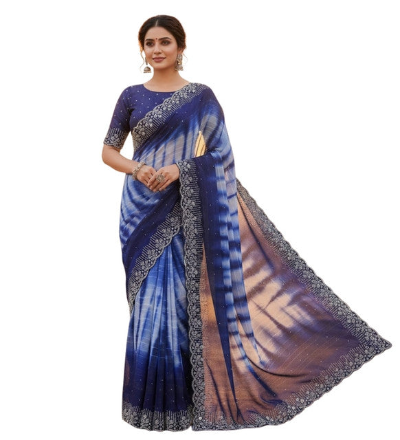 { "alt_text": "Navy blue georgette striped saree with unstitched blouse, 5.5 meter ethnic wear, Indian fashion" }