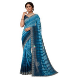 { "alt_text": "Blue georgette striped saree with unstitched blouse, 5.5 meter ethnic wear, Indian fashion" }