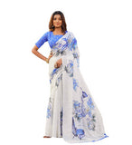 { "alt_text": "Off white-blue georgette saree with floral butterfly print, 5.5mtr women's ethnic wear, unstitched blouse" }