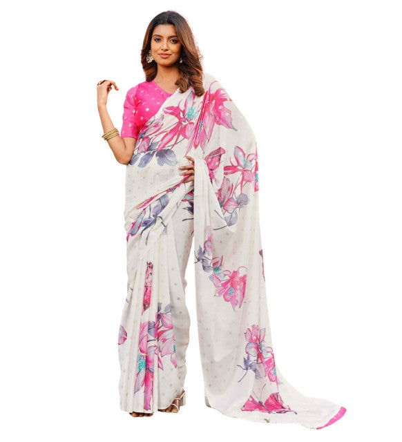 { "alt_text": "Off-white pink georgette saree with floral butterfly print, 5.5mtr ethnic wear, unstitched blouse" }