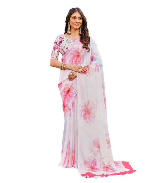 { "alt_text": "Off-white pink georgette saree with floral print, 5.5mtr women's ethnic wear, unstitched blouse" }