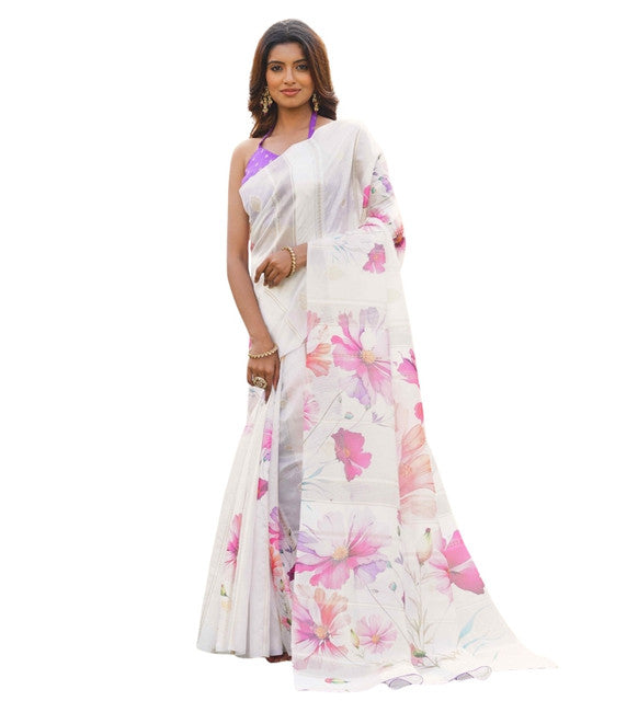 { "alt_text": "White-pink georgette saree floral printed women's ethnic wear, 5.5mtr unstitched blouse, Indian fashion" }
