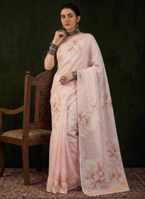 { "alt_text": "Cream georgette saree floral printed women's ethnic wear, 5.5m georgette saree with unstitched blouse" }