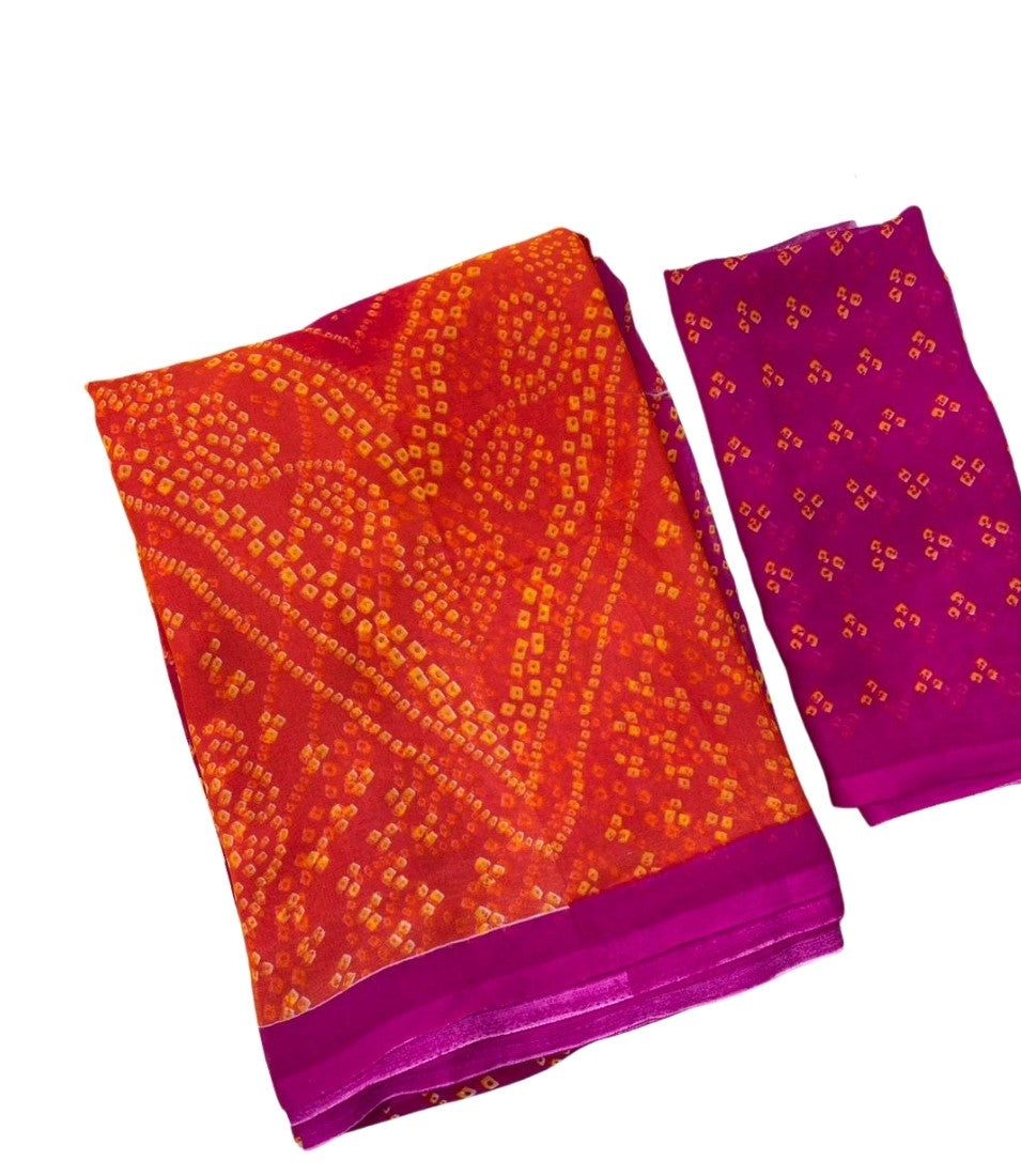 { "alt_text": "Orange-magenta georgette bandhani printed saree, 5.5m, ethnic wear, Indian wedding attire" }