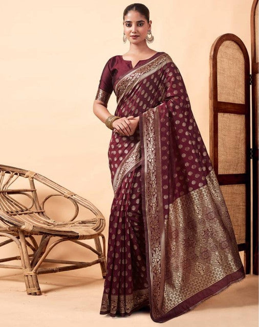 { "alt_text": "Maroon jacquard printed saree with unstitched blouse, 5.5m, ethnic wear, Indian traditional clothing" }