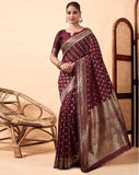 { "alt_text": "Maroon jacquard printed saree with unstitched blouse, 5.5m, ethnic wear, Indian traditional clothing" }
