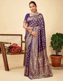 { "alt_text": "Purple jacquard printed saree with unstitched blouse, 5.5m, ethnic wear, Indian traditional clothing" }