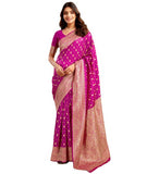 { "alt_text": "Pink jacquard printed saree with unstitched blouse, 5.5m, ethnic wear, Indian traditional clothing" }