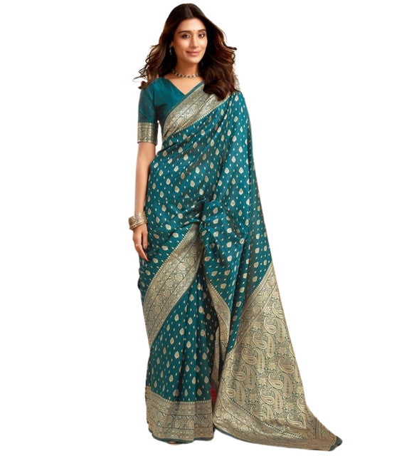 { "alt_text": "Teal jacquard printed saree with unstitched blouse, 5.5m, ethnic wear, Indian traditional clothing" }