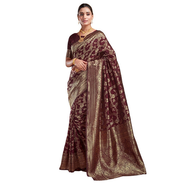 { "alt_text": "Maroon jacquard printed saree with unstitched blouse, 5.5m, ethnic wear, Indian traditional clothing" }