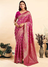 { "alt_text": "Pink jacquard printed saree with unstitched blouse, 5.5m, ethnic wear, Indian traditional clothing" }