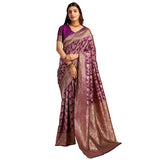 { "alt_text": "Purple jacquard printed saree with unstitched blouse, 5.5m, ethnic wear, Indian traditional clothing" }