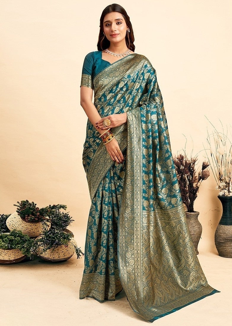 { "alt_text": "Teal jacquard printed saree with unstitched blouse, 5.5m, ethnic wear, Indian traditional clothing" }