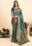 { "alt_text": "Teal jacquard printed saree with unstitched blouse, 5.5m, ethnic wear, Indian traditional clothing" }