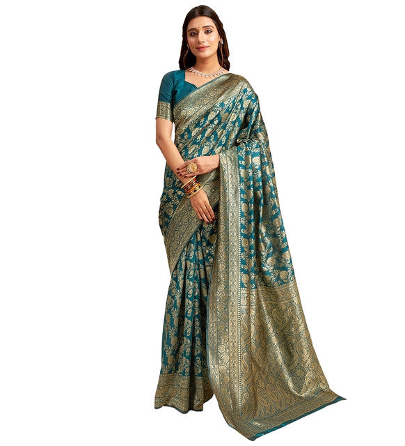 { "alt_text": "Teal jacquard printed saree with unstitched blouse, 5.5m, ethnic wear, Indian traditional clothing" }