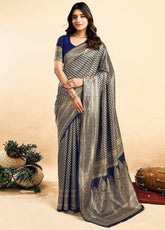 { "alt_text": "Navy blue jacquard printed saree with unstitched blouse, 5.5m, ethnic wear, Indian traditional clothing" }