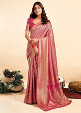 { "alt_text": "Pink jacquard printed saree with unstitched blouse, 5.5m, ethnic wear, Indian traditional clothing" }