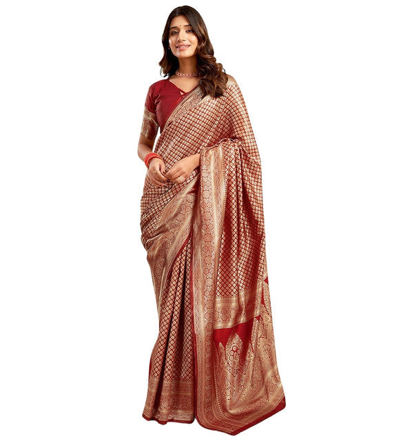 { "alt_text": "Maroon jacquard printed saree with unstitched blouse, 5.5m, ethnic wear, Indian traditional clothing" }