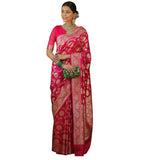 { "alt_text": "Pink jacquard printed saree with unstitched blouse, 5.5m, ethnic wear, Indian traditional clothing" }