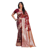 { "alt_text": "Maroon jacquard printed saree with unstitched blouse, 5.5m, ethnic wear, Indian traditional clothing" }