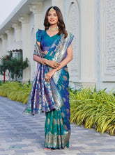 { "alt_text": "Royal-Teal jacquard printed saree with unstitched blouse, 5.5Mtr ethnic wear, Indian traditional clothing" }