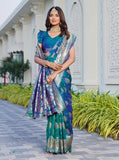 { "alt_text": "Royal-Teal jacquard printed saree with unstitched blouse, 5.5Mtr ethnic wear, Indian traditional clothing" }