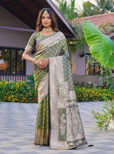 { "alt_text": "Olive green jacquard printed saree with unstitched blouse, 5.5m, ethnic wear, Indian traditional clothing" }