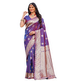 { "alt_text": "Purple jacquard printed saree with unstitched blouse, 5.5m, ethnic wear, Indian traditional clothing" }