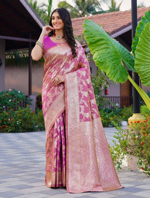 { "alt_text": "Pink jacquard printed saree with unstitched blouse, 5.5m, ethnic wear, Indian traditional clothing" }