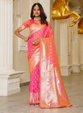 { "alt_text": "Pink jacquard printed saree with unstitched blouse, 5.5m, ethnic wear, Indian traditional clothing" }