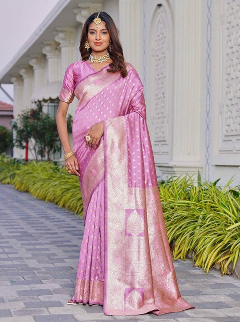 { "alt_text": "Lavender jacquard printed saree with unstitched blouse, 5.5m, ethnic wear, Indian fashion" }