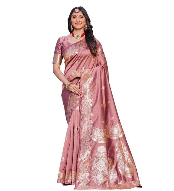 { "alt_text": "Pink jacquard printed saree with unstitched blouse, 5.5m, ethnic wear, Indian traditional clothing" }