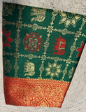 { "alt_text": "Bottle green jacquard printed saree with unstitched blouse, 5.5m, ethnic wear, Indian traditional clothing" }