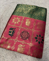 { "alt_text": "Pink jacquard printed saree with unstitched blouse, 5.5m, ethnic wear, Indian traditional clothing" }
