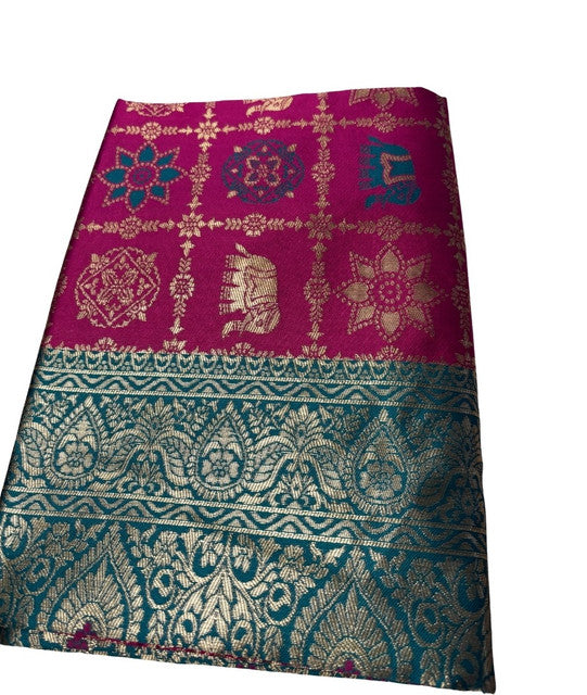 { "alt_text": "Magenta jacquard printed saree with unstitched blouse, 5.5m, ethnic wear, Indian traditional clothing" }