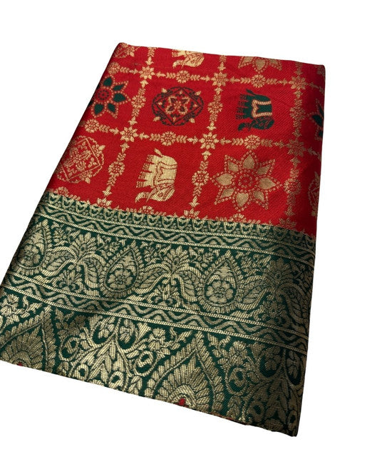 { "alt_text": "Red jacquard printed saree with unstitched blouse, 5.5m, ethnic wear, Indian traditional clothing" }