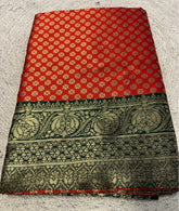 { "alt_text": "Red jacquard printed saree with unstitched blouse, 5.5m, ethnic wear, Indian traditional clothing" }