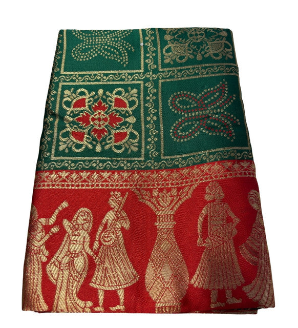 { "alt_text": "Green jacquard printed saree with unstitched blouse, 5.5m, ethnic wear, Indian traditional clothing" }