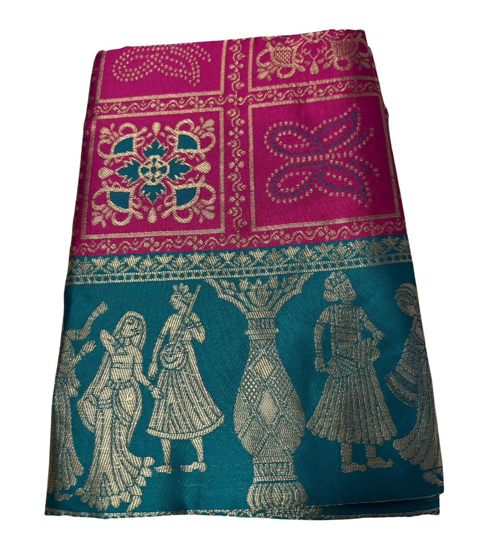 { "alt_text": "Magenta jacquard printed saree with unstitched blouse, 5.5m, ethnic wear, Indian traditional clothing" }