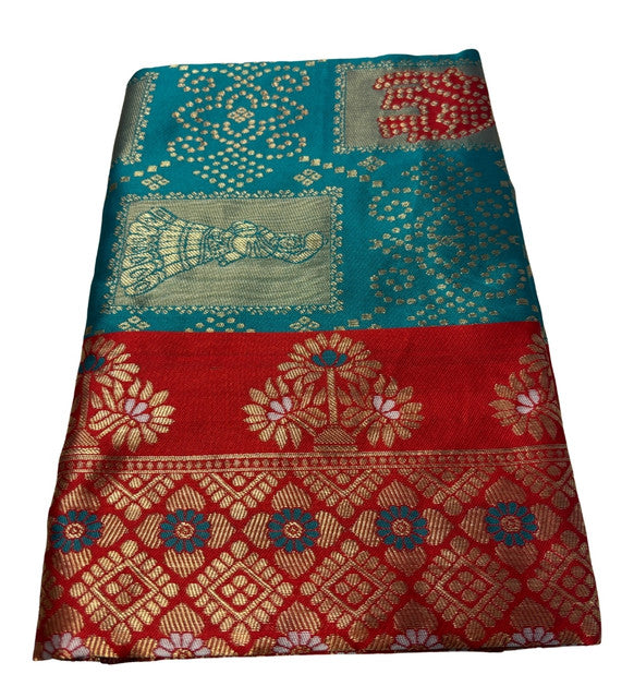 { "alt_text": "Teal jacquard printed saree with unstitched blouse, 5.5m, ethnic wear, Indian traditional clothing" }